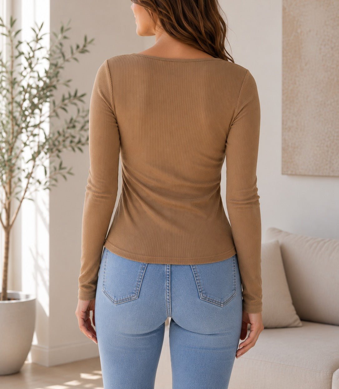 Ladies Beige Square Neck Button Knit Cardigan - StylePhase SA