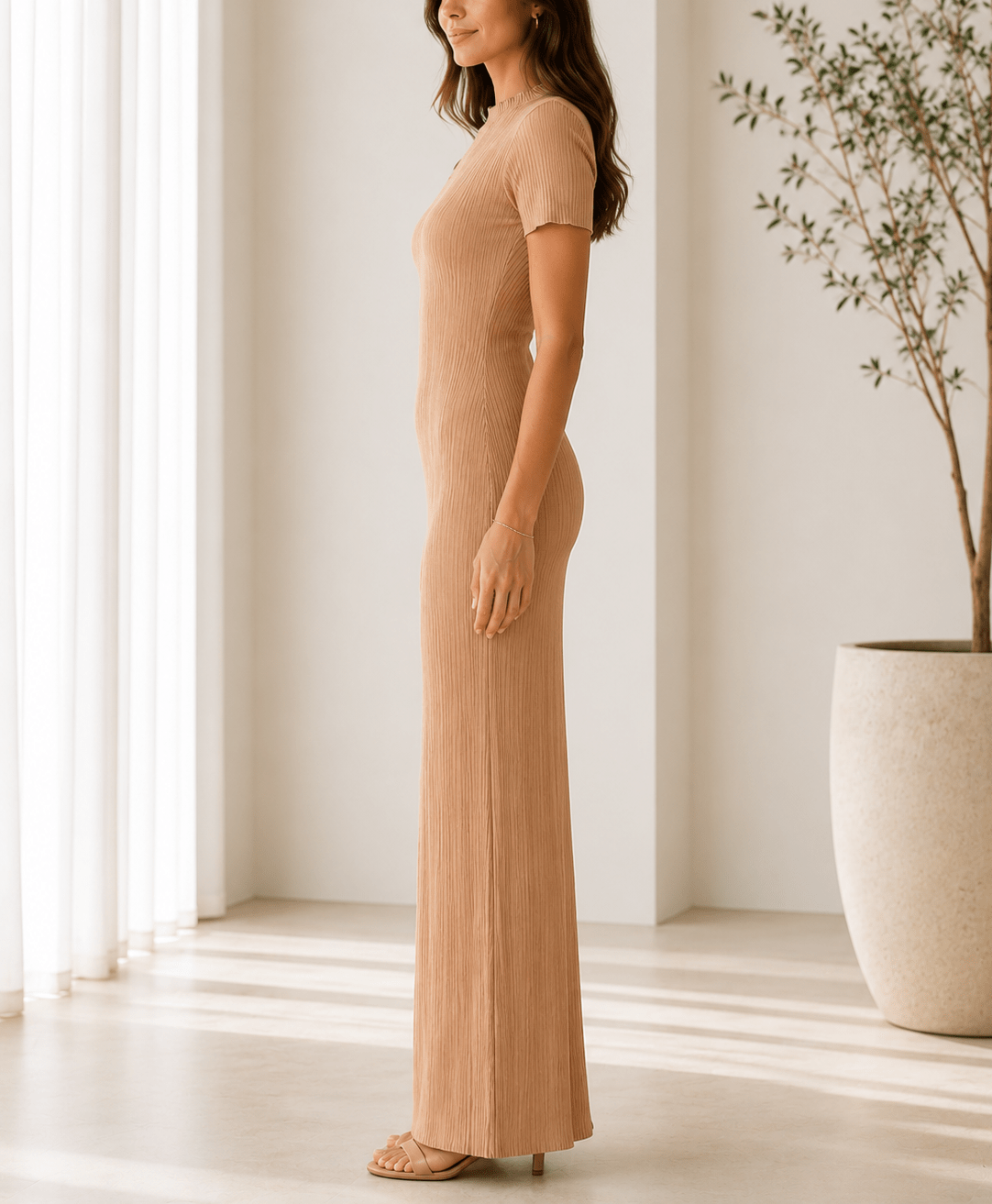 Ladies Beige Textured Maxi Dress - StylePhase SA