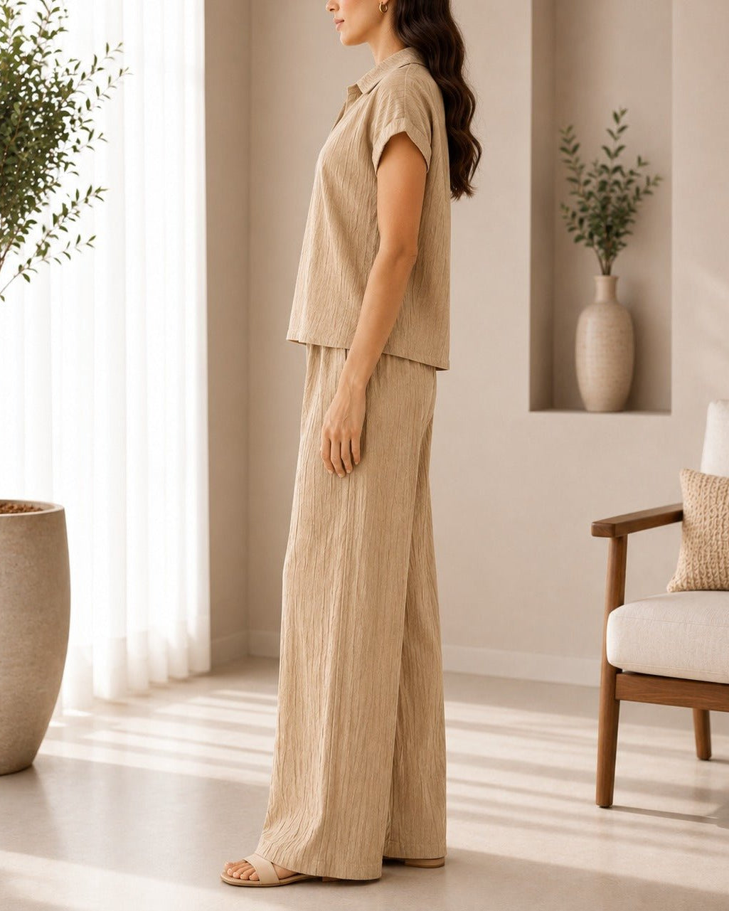 Ladies Beige Textured Two-piece New Feeling Set - StylePhase SA