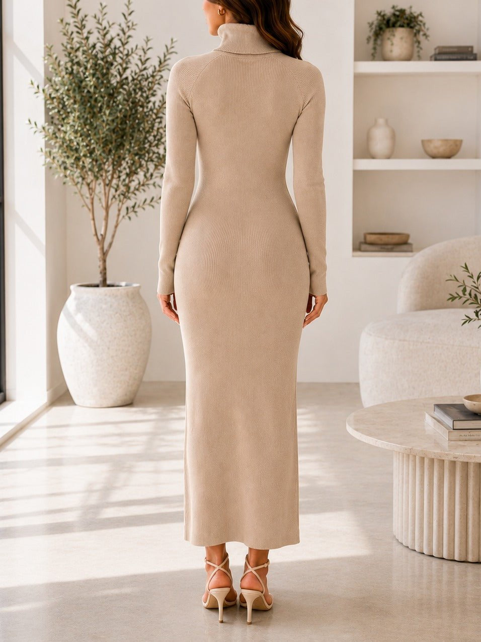 Ladies Beige Turtleneck Maxi Dress - StylePhase SA