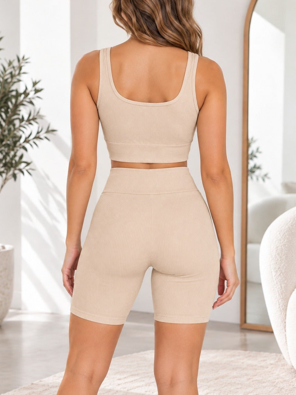 Ladies Beige Zip Top And Drawstring Shorts Active Wear Set - StylePhase SA