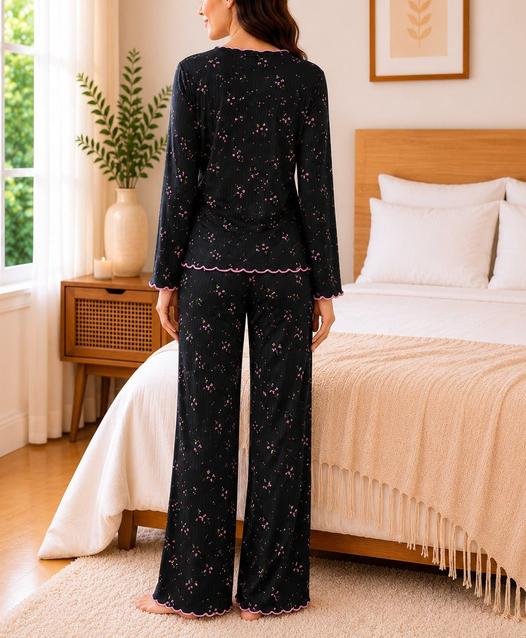 Ladies Black And Pink Bow Detail Pyjama - StylePhase SA