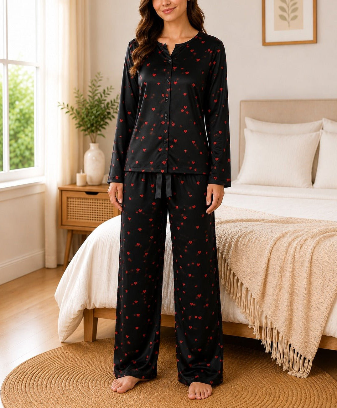 Ladies Black And Red Heart Button Pyjama - StylePhase SA