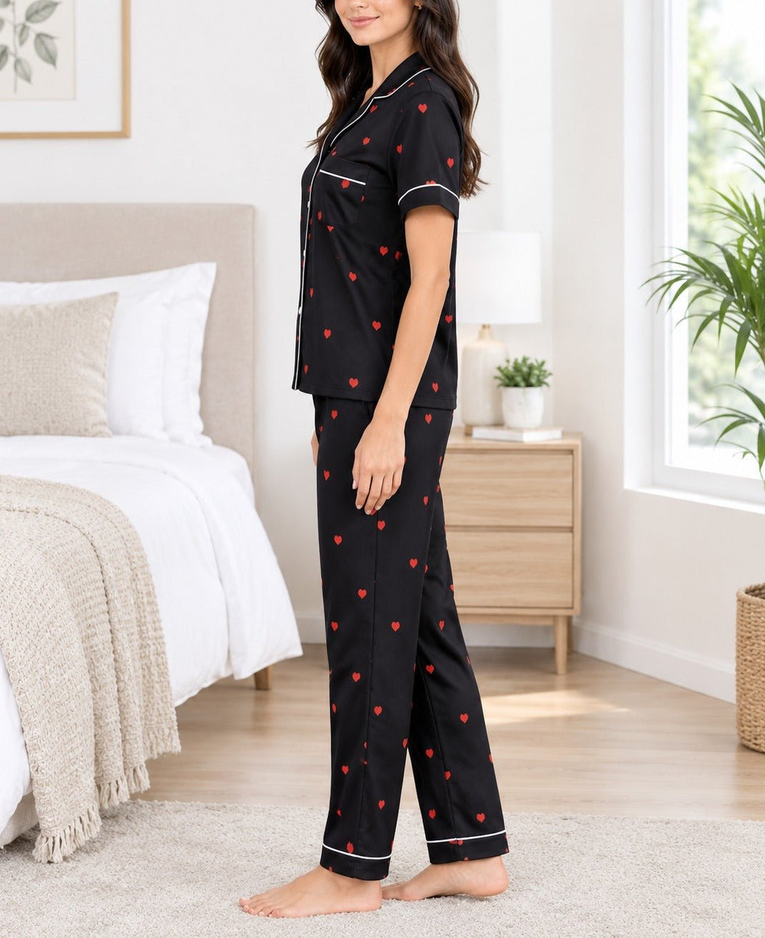 Ladies Black And Red Heart Print Satin Pyjama Set - StylePhase SA