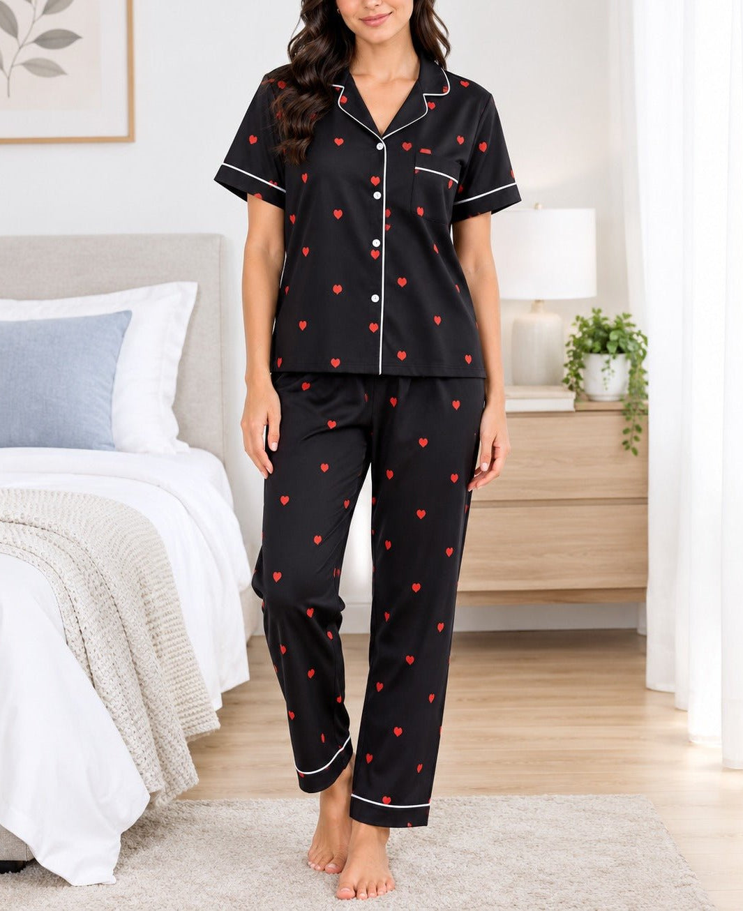 Ladies Black And Red Heart Print Satin Pyjama Set - StylePhase SA