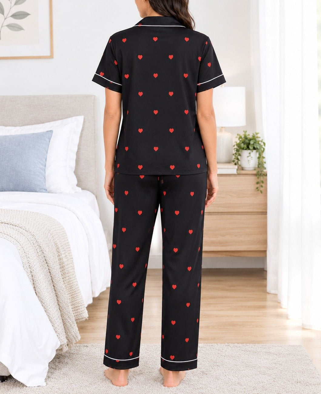 Ladies Black And Red Heart Print Satin Pyjama Set - StylePhase SA