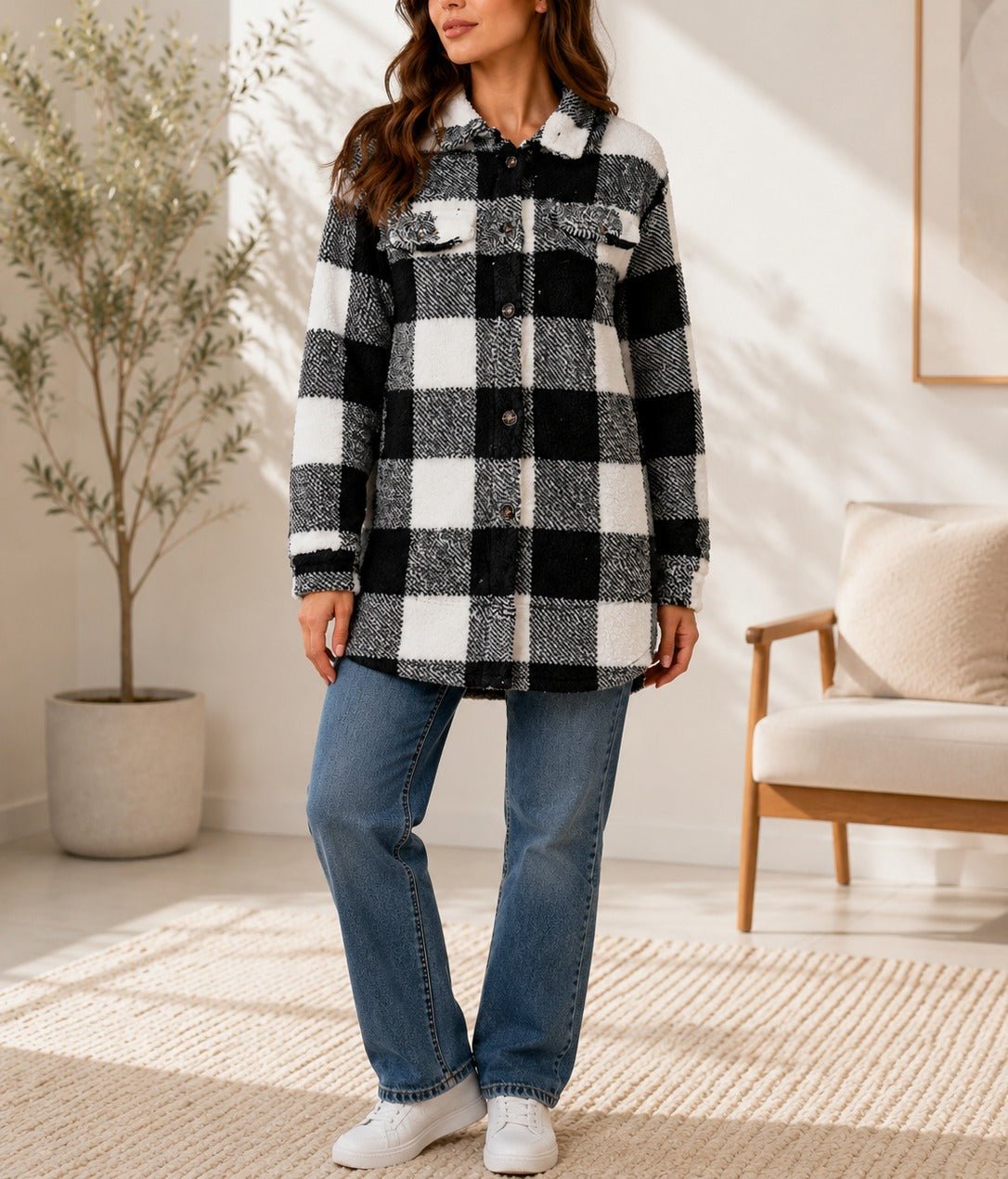 Ladies Black And White Check Pattern Plush Top - StylePhase SA