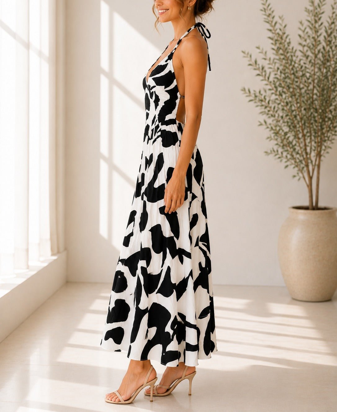 Ladies Black And White Halter Neck Printed Maxi Dress - StylePhase SA