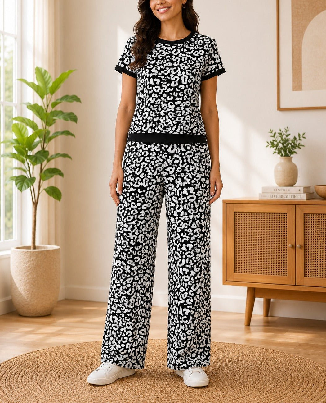Ladies Black And White Leopard Print Knitwear Jersey Set - StylePhase SA