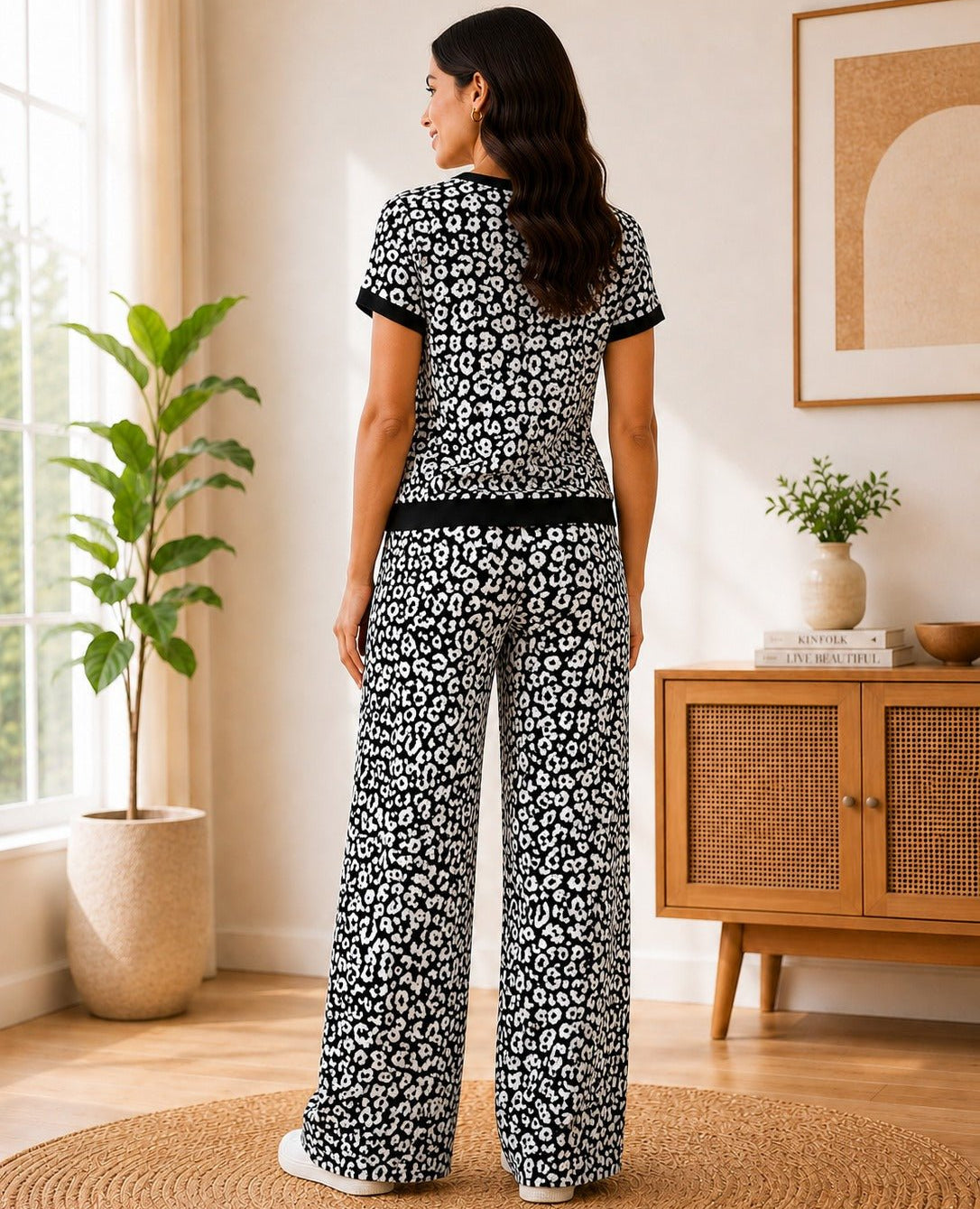 Ladies Black And White Leopard Print Knitwear Jersey Set - StylePhase SA
