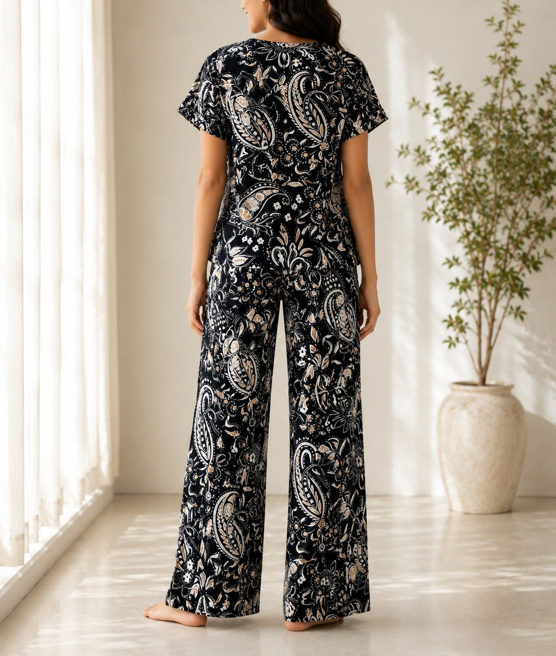 Ladies Black And White Paisley Print Two Piece Set - StylePhase SA