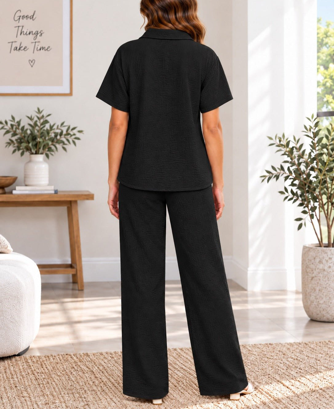 Ladies Black Button Shirt Two-Piece Set - StylePhase SA