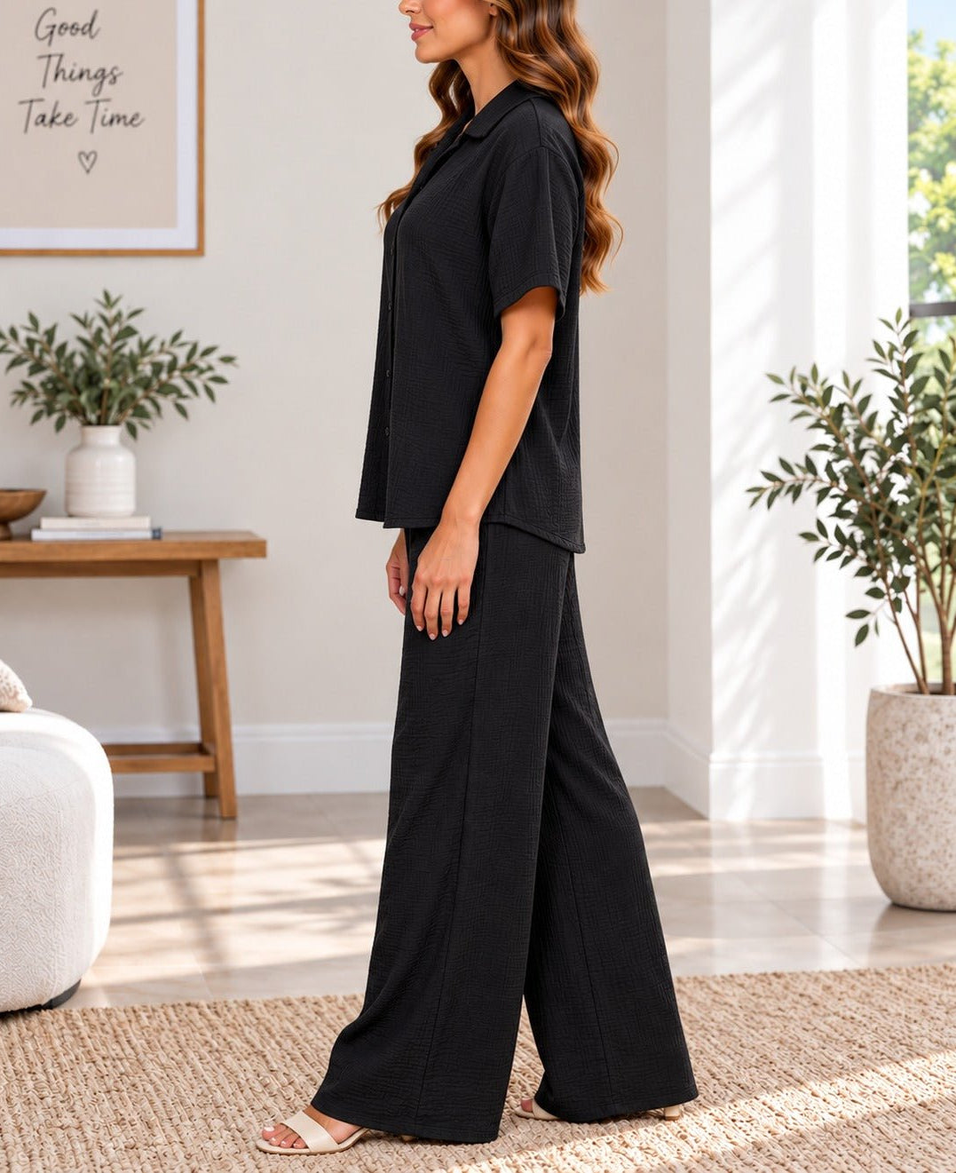 Ladies Black Button Shirt Two-Piece Set - StylePhase SA