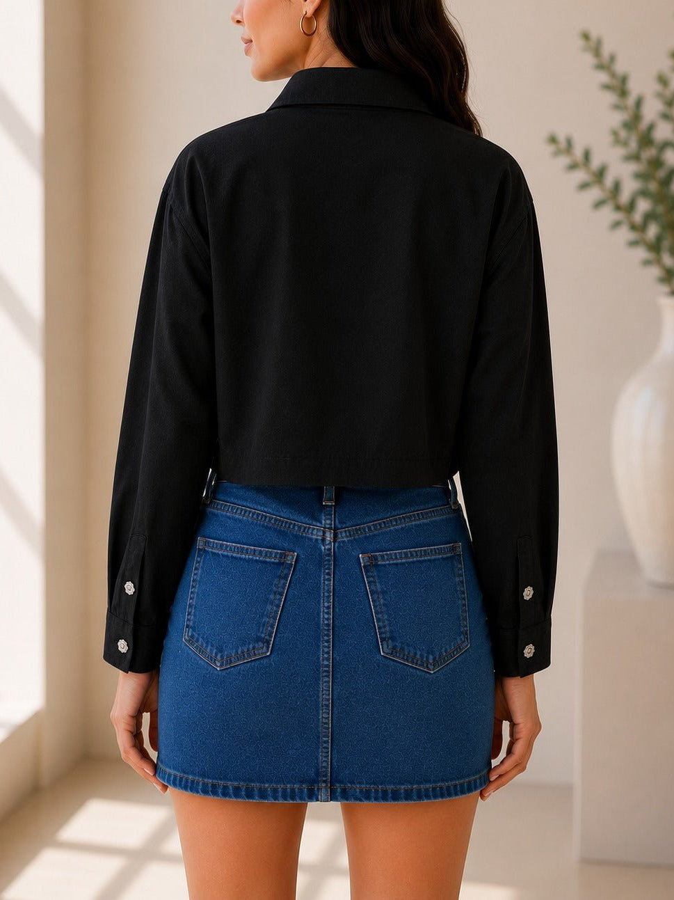 Ladies Black Button Up Cropped Shirt - StylePhase SA