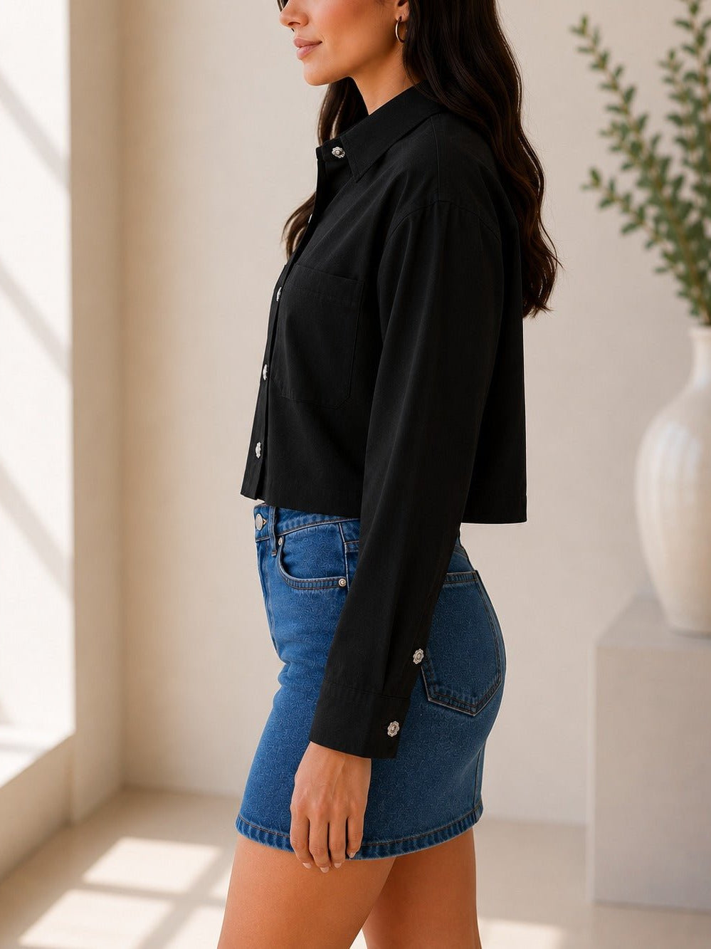 Ladies Black Button Up Cropped Shirt - StylePhase SA