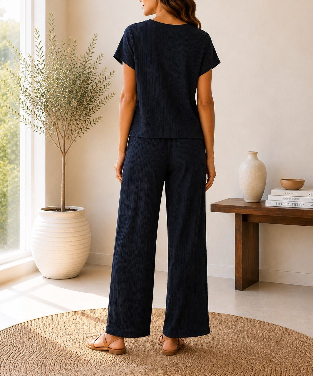 Ladies Black Crinkle-Knit Two-piece New Feeling Set - StylePhase SA