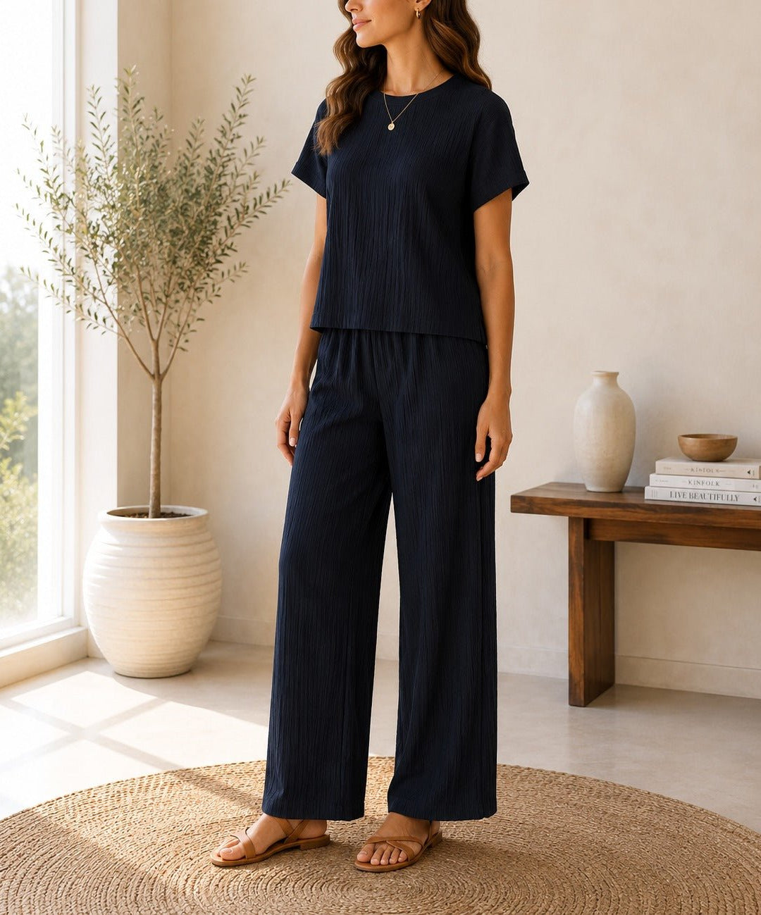 Ladies Black Crinkle-Knit Two-piece New Feeling Set - StylePhase SA