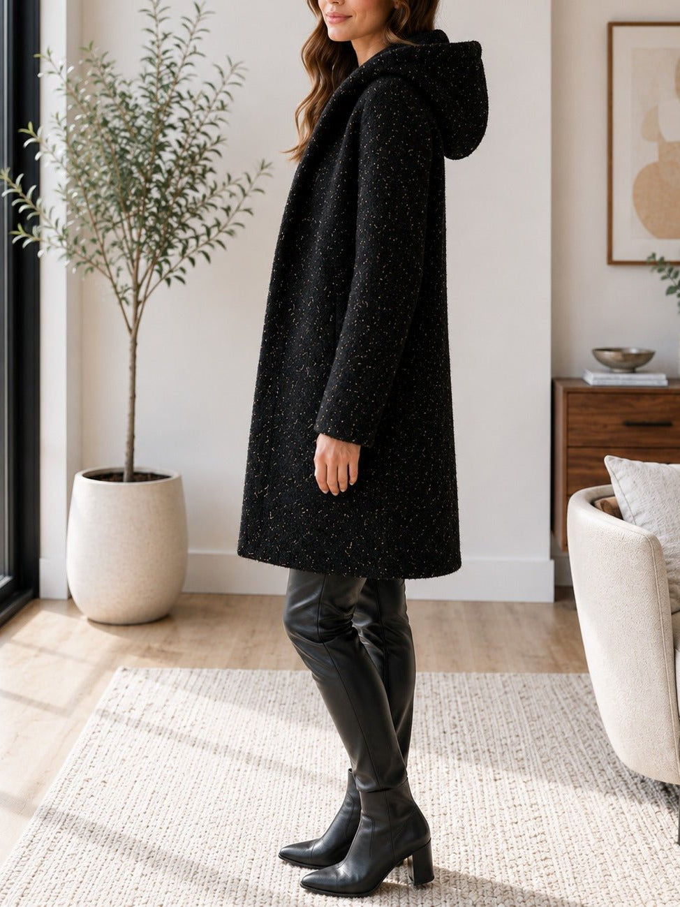 Ladies Black Curly Melton Hooded Coat - StylePhase SA