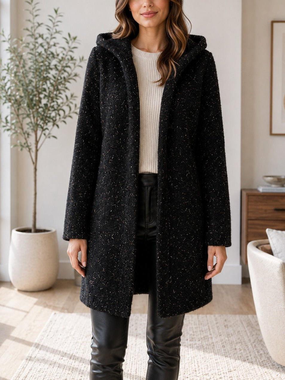 Ladies Black Curly Melton Hooded Coat - StylePhase SA