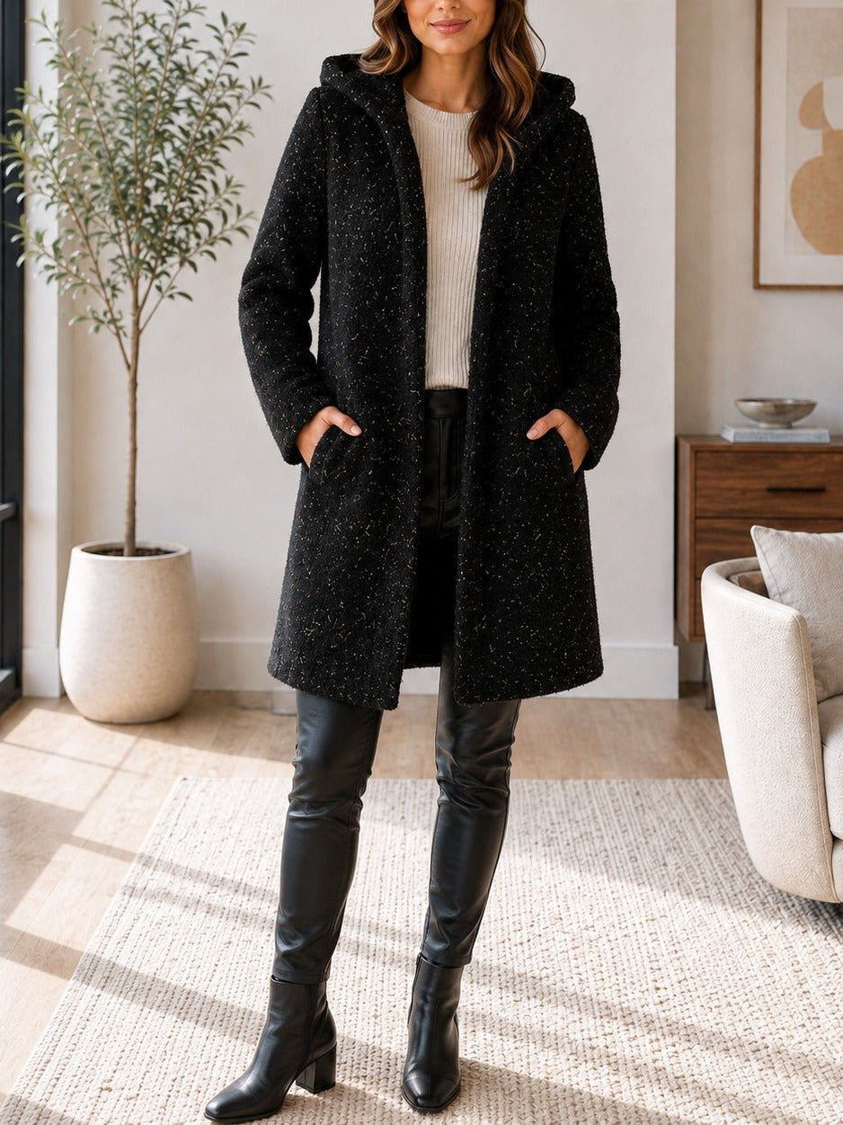 Ladies Black Curly Melton Hooded Coat - StylePhase SA