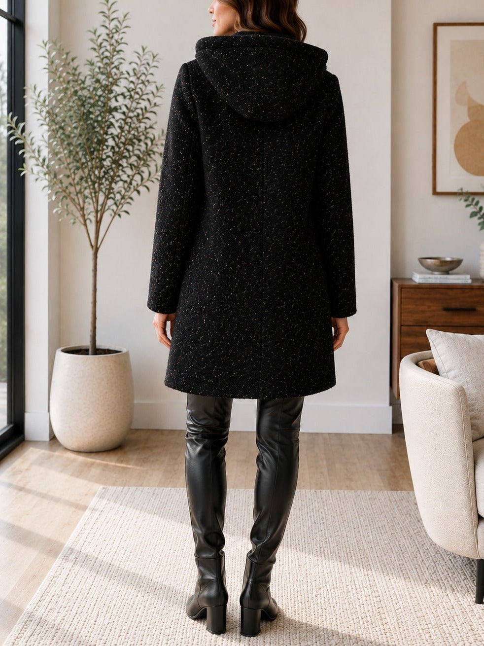 Ladies Black Curly Melton Hooded Coat - StylePhase SA