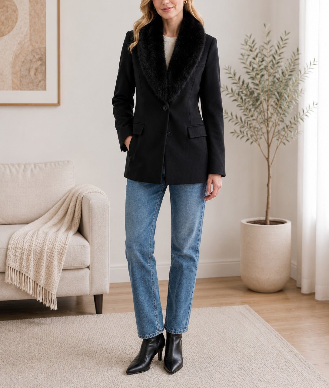 Ladies Black Detachable Fur Slim Fit Blazer Coat - StylePhase SA