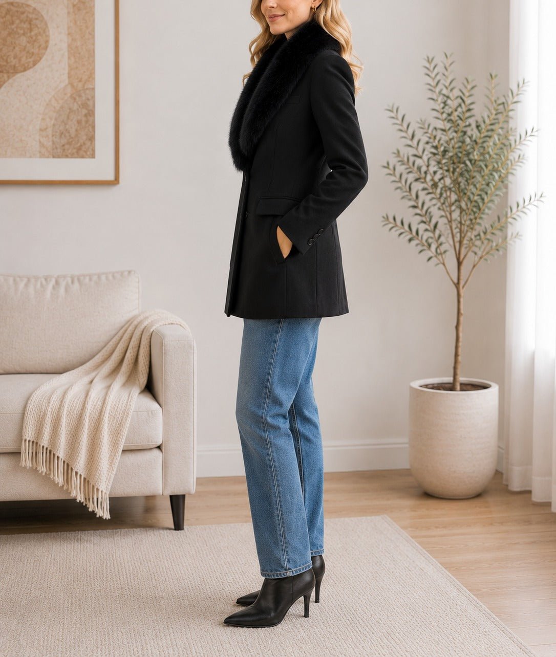 Ladies Black Detachable Fur Slim Fit Blazer Coat - StylePhase SA