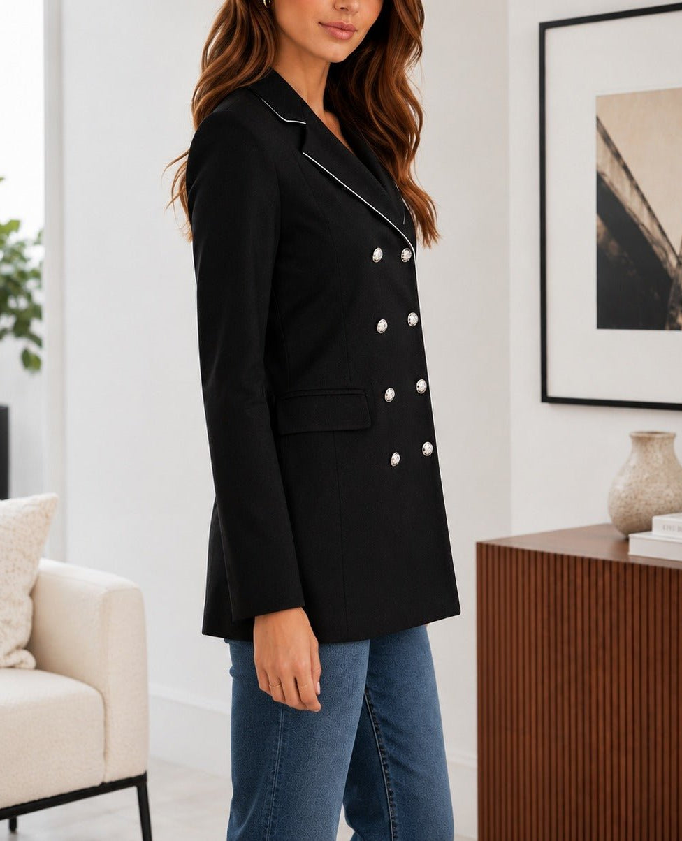 Ladies Black Double-Breasted Tailored Longline Coat - StylePhase SA