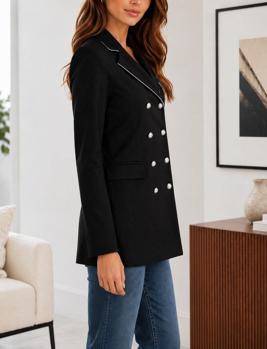 Ladies Black Double-Breasted Tailored Longline Coat - StylePhase SA
