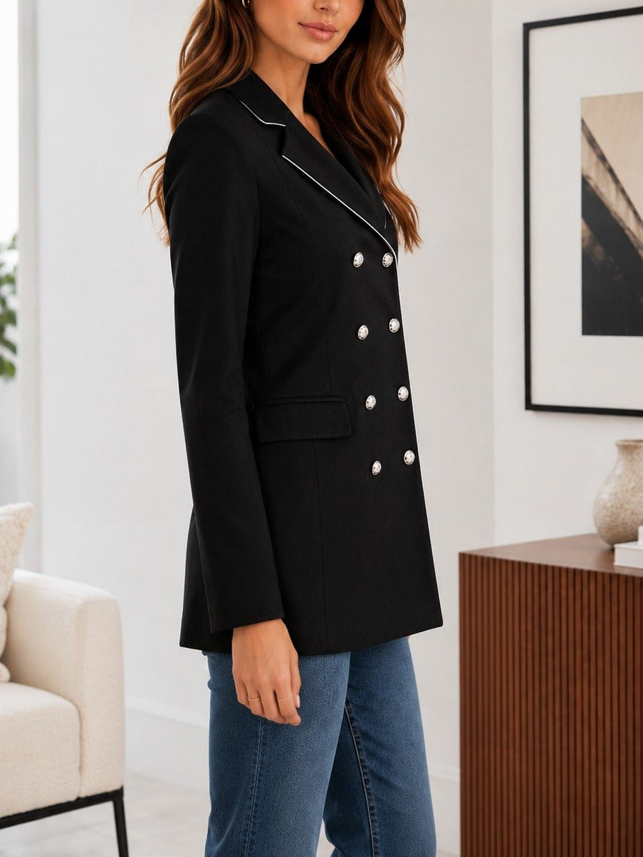 Ladies Black Double-Breasted Tailored Longline Coat - StylePhase SA