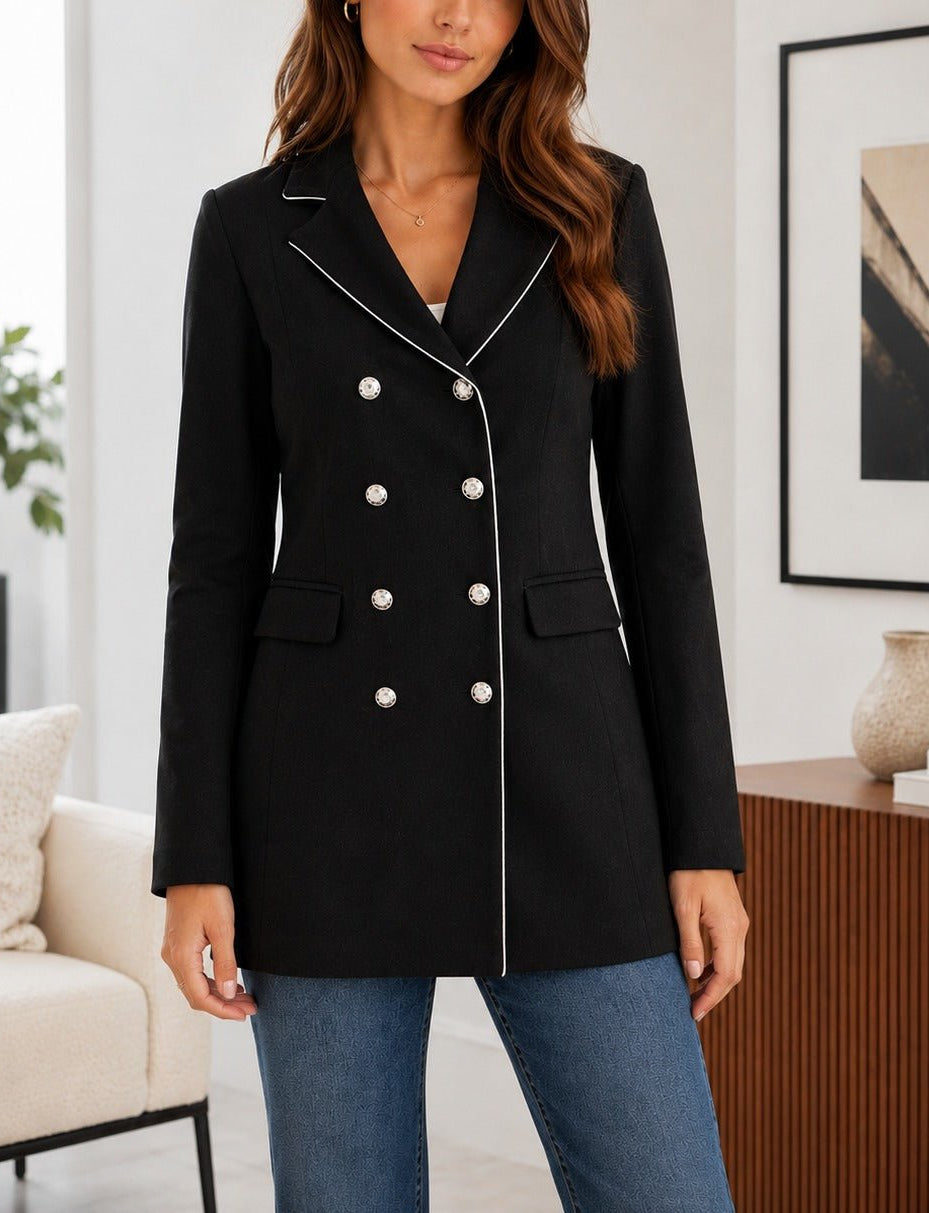 Ladies Black Double-Breasted Tailored Longline Coat - StylePhase SA