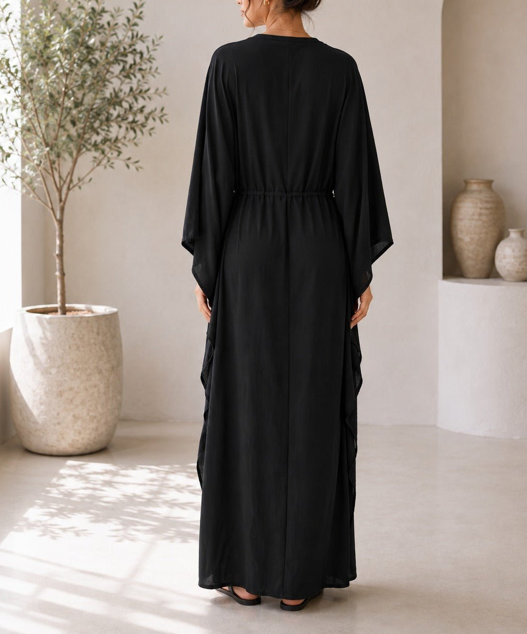 Ladies Black Drawstring V-Neck Kaftan - StylePhase SA