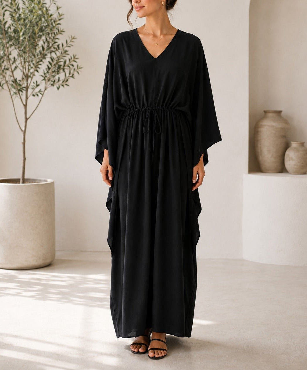 Ladies Black Drawstring V-Neck Kaftan - StylePhase SA
