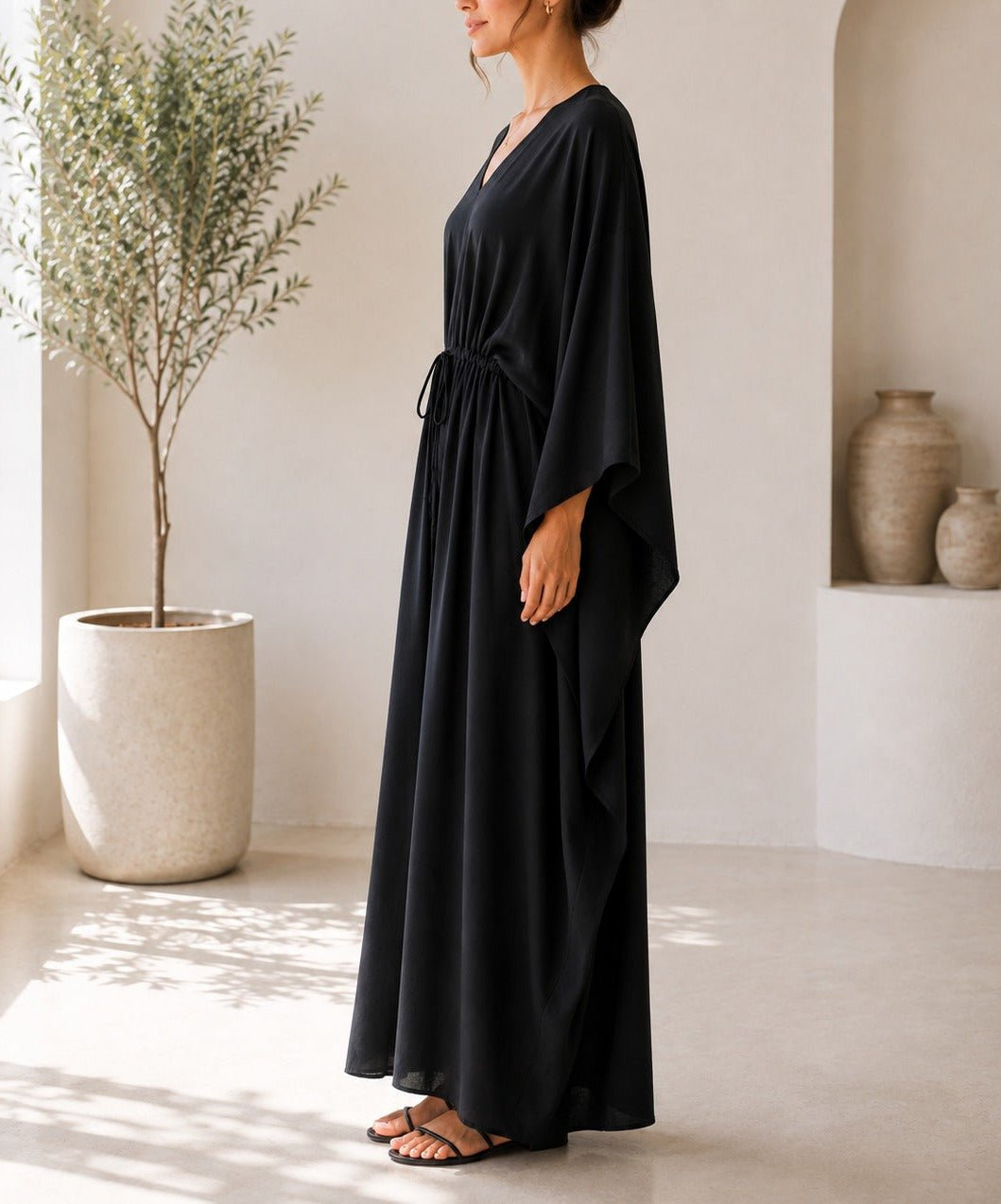 Ladies Black Drawstring V-Neck Kaftan - StylePhase SA