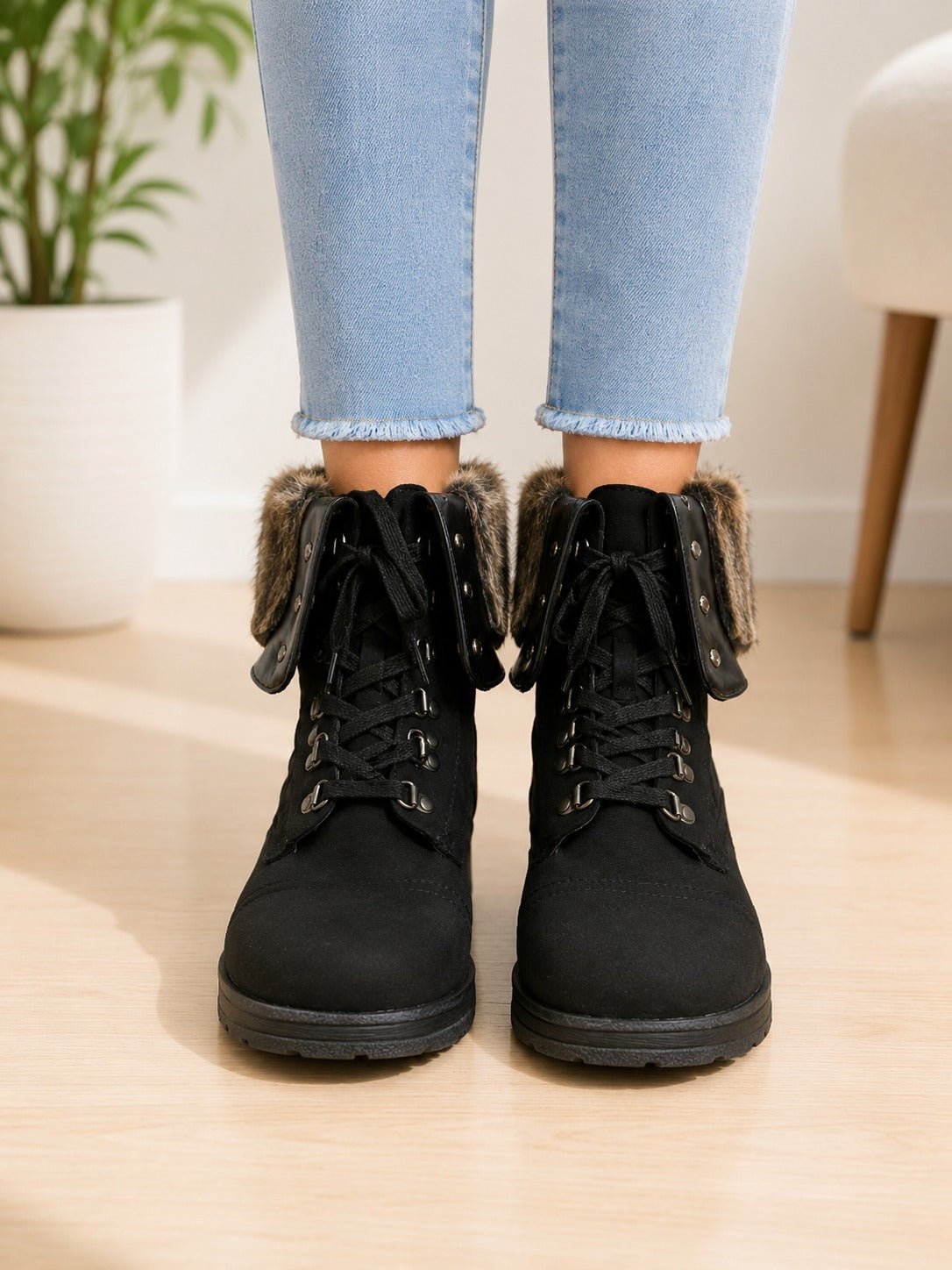Ladies Black Faux Fur Combat Boot - StylePhase SA