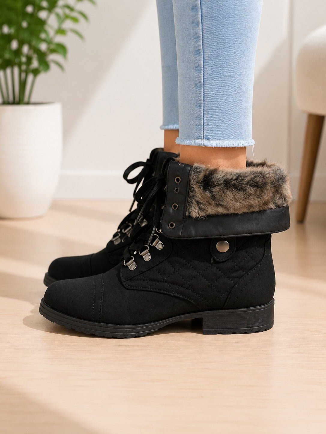 Ladies Black Faux Fur Combat Boot - StylePhase SA