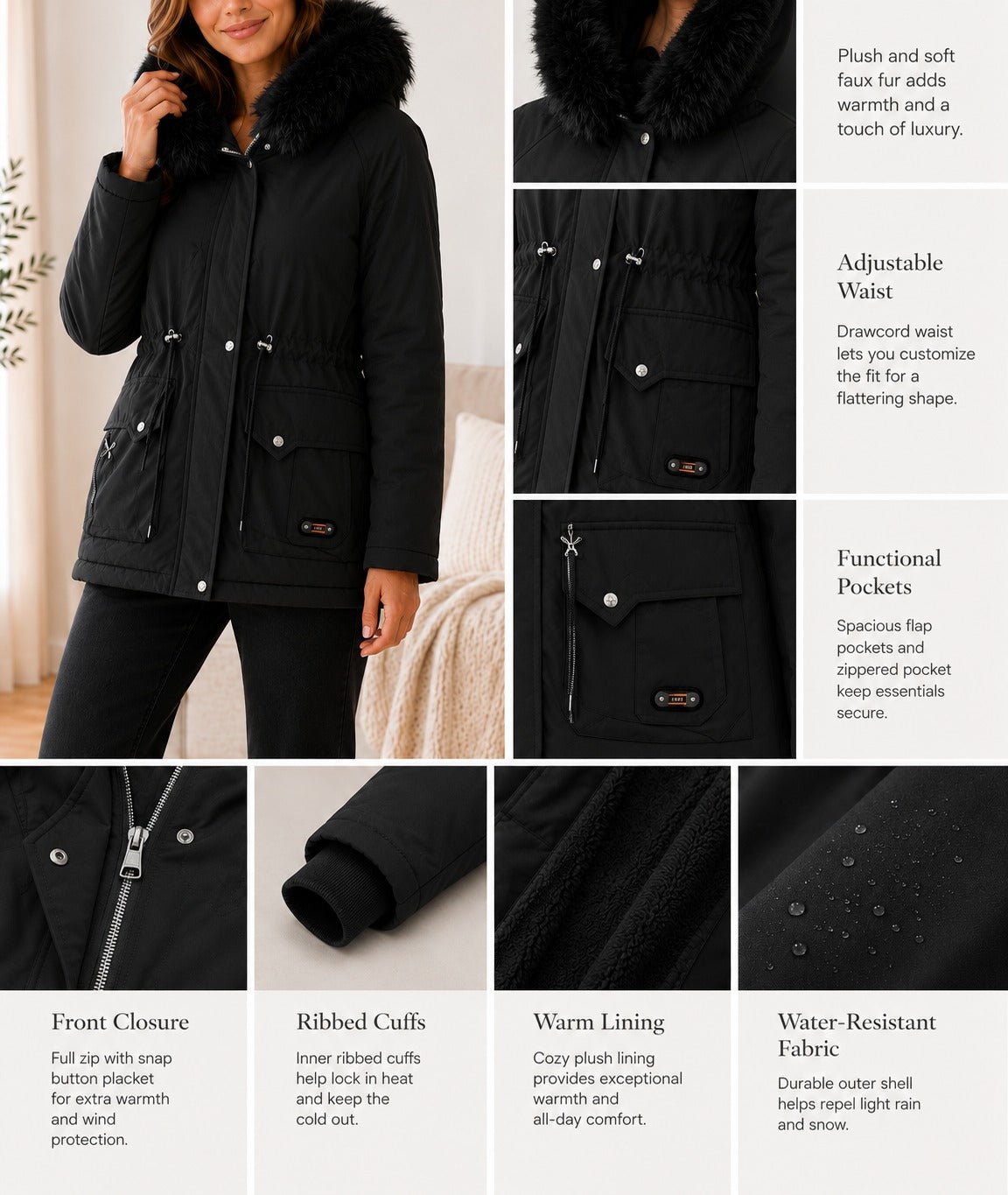 Ladies Black Faux Fur Trim Hoody Jacket - StylePhase SA