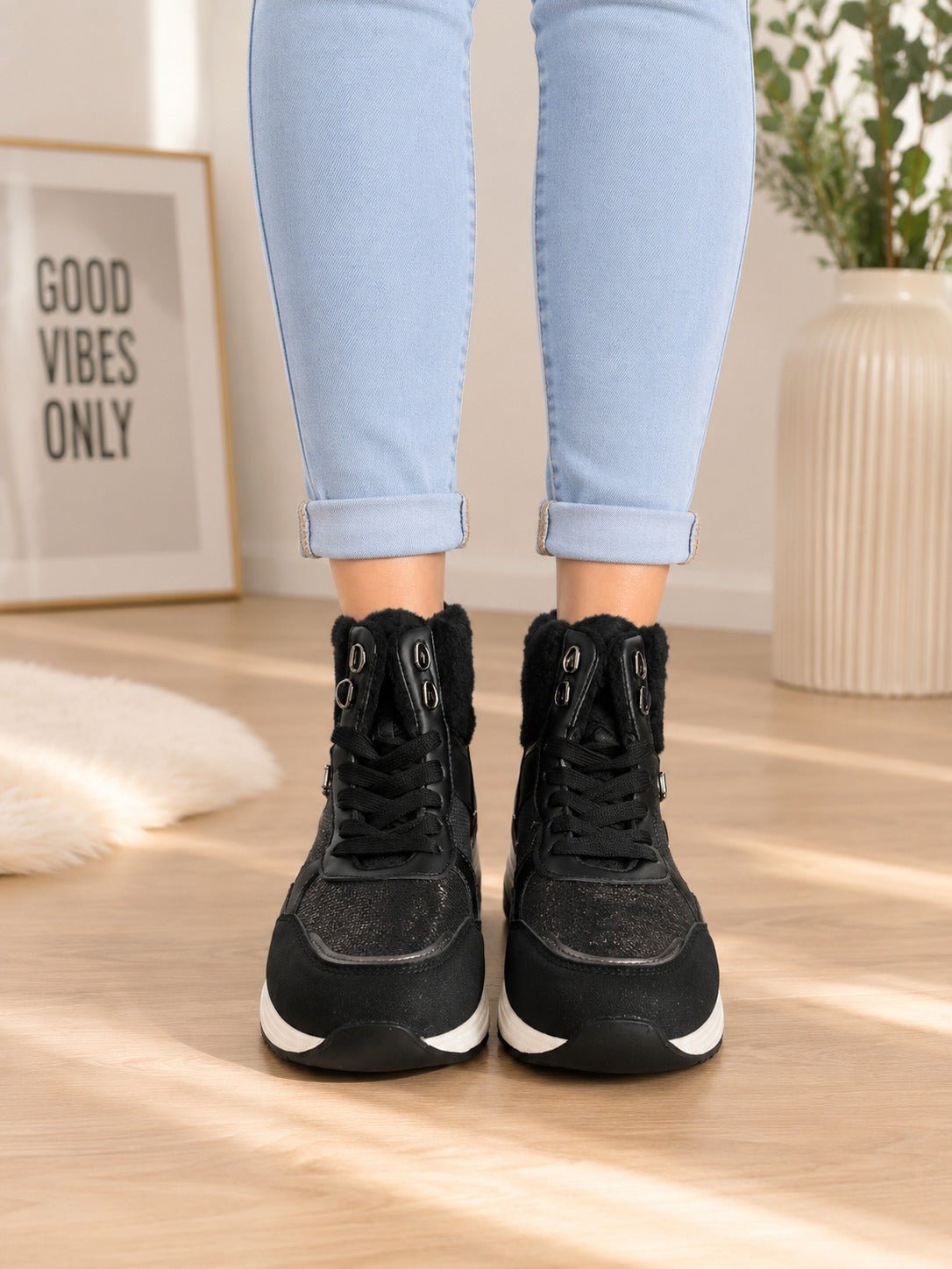 Ladies Black Faux Fur Trim Wedge Sneaker Boots - StylePhase SA