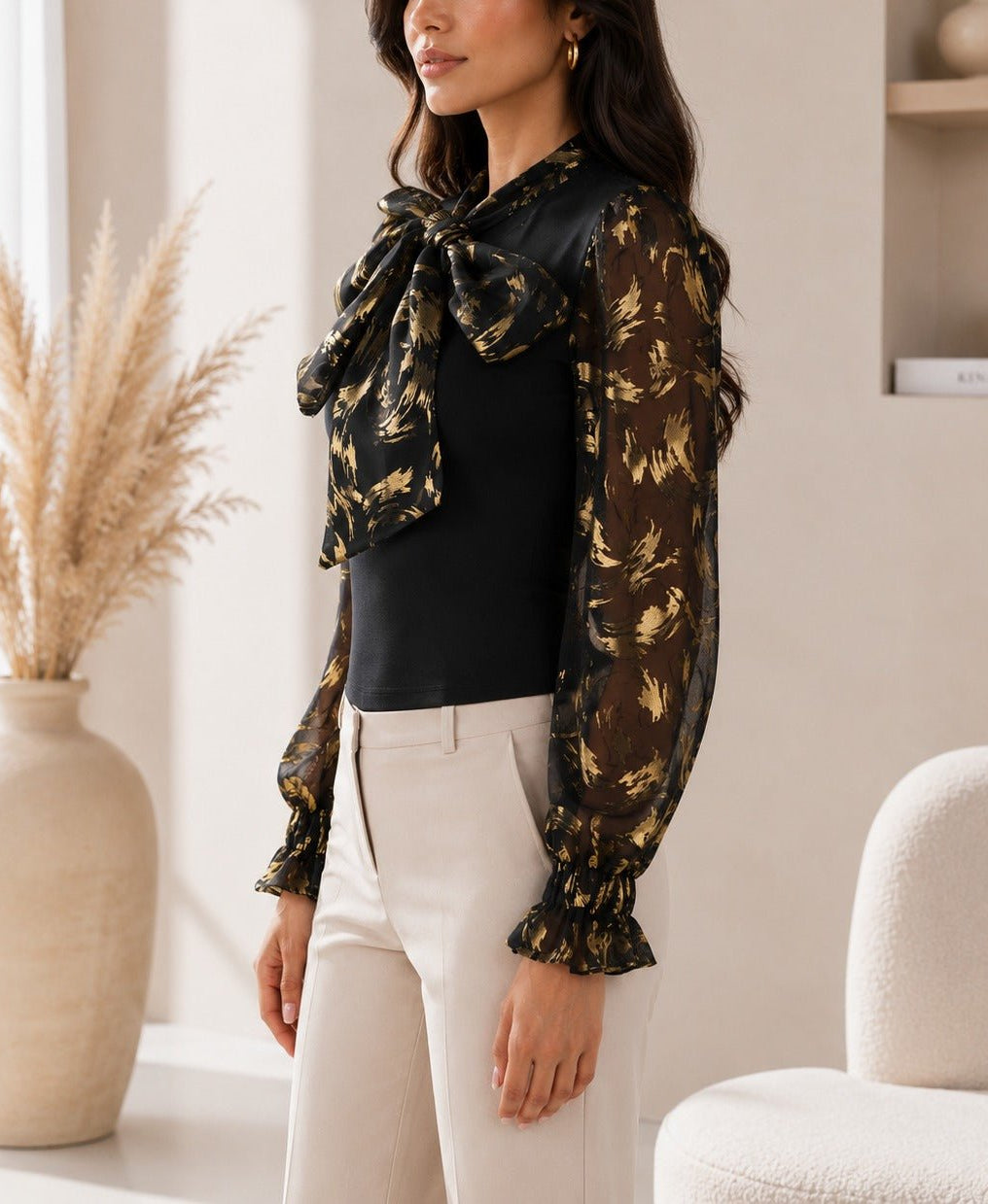 Ladies Black Floral Bow Neck Long Sleeve Top - StylePhase SA