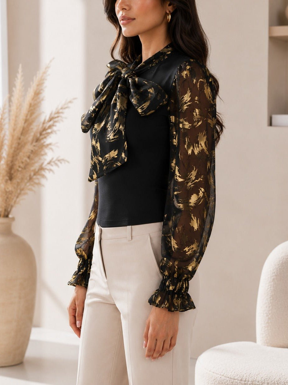 Ladies Black Floral Bow Neck Long Sleeve Top - StylePhase SA