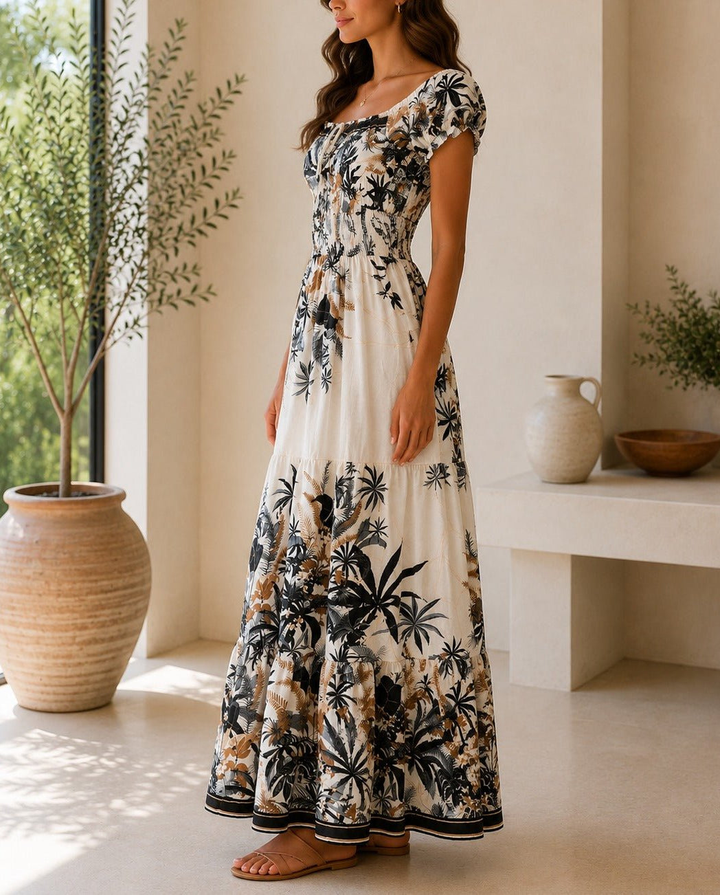 Ladies Black Floral Smoked Waist Maxi Dress - StylePhase SA