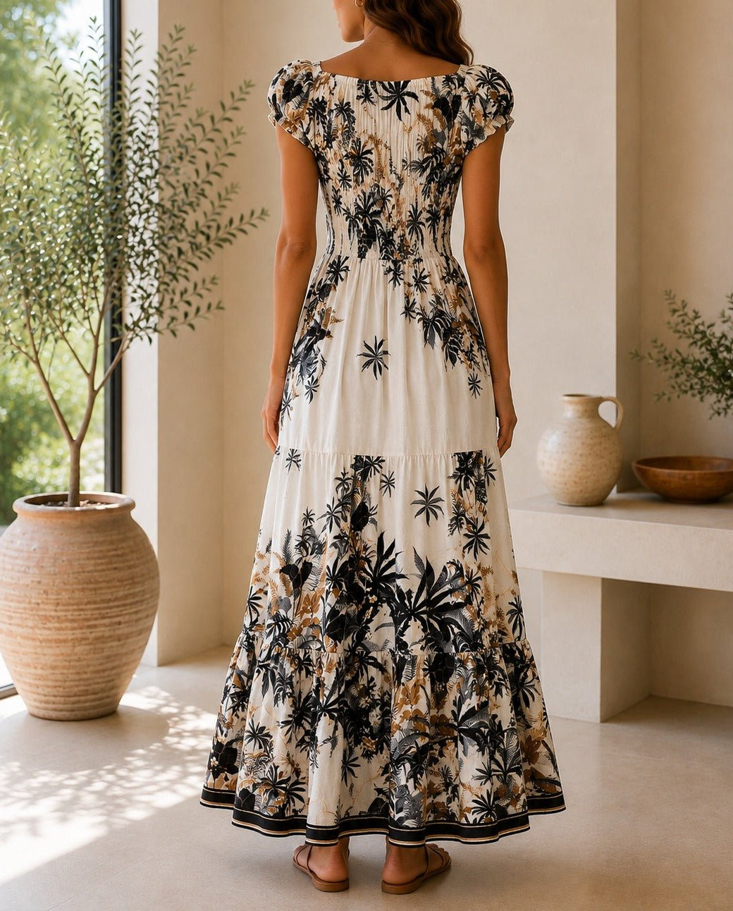 Ladies Black Floral Smoked Waist Maxi Dress - StylePhase SA