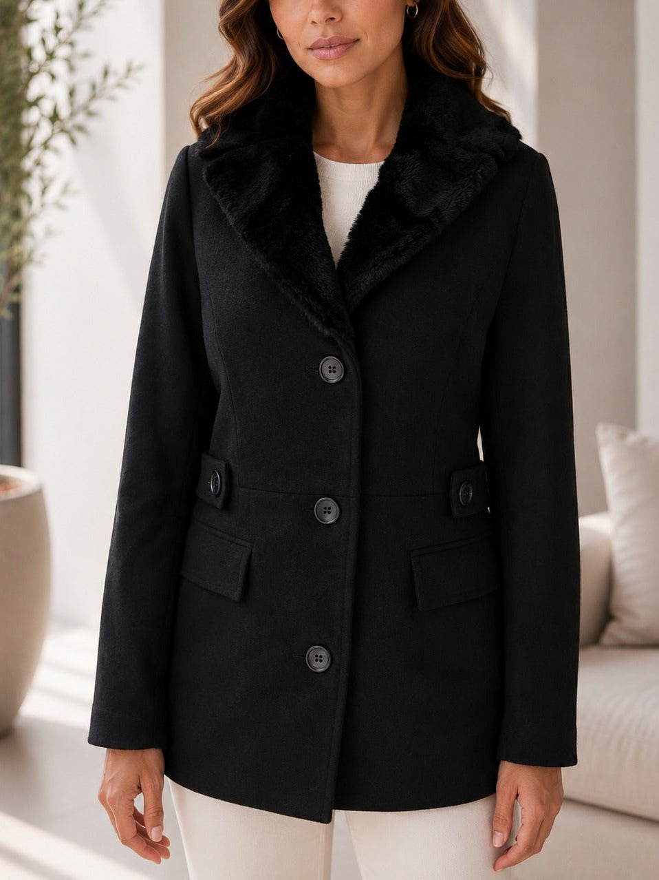Ladies Black Fur Button Blazer - StylePhase SA