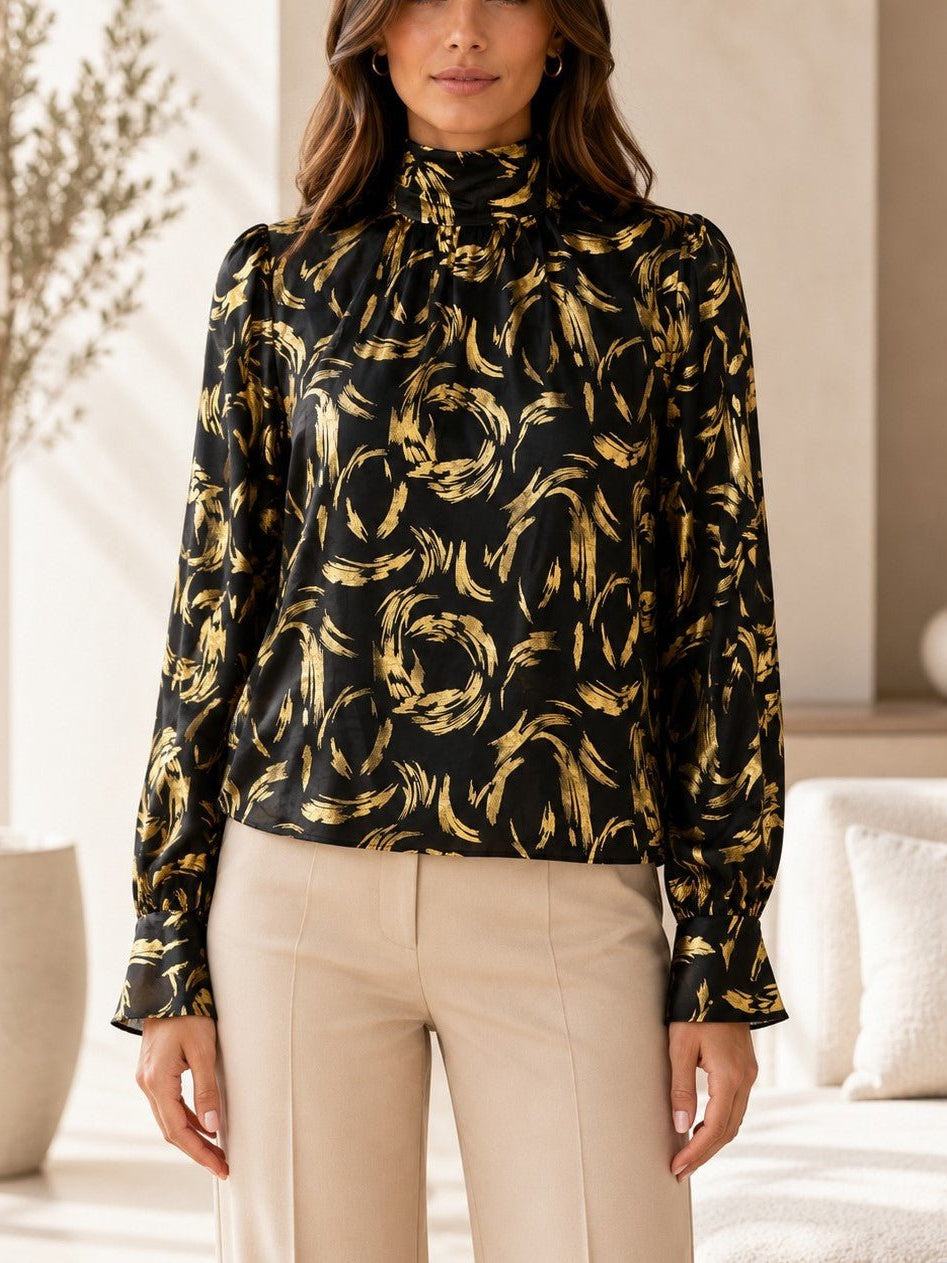 Ladies Black & Gold High Neck Printed Long Sleeve Blouse - StylePhase SA