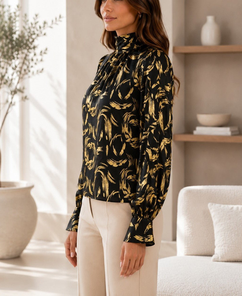 Ladies Black & Gold High Neck Printed Long Sleeve Blouse - StylePhase SA