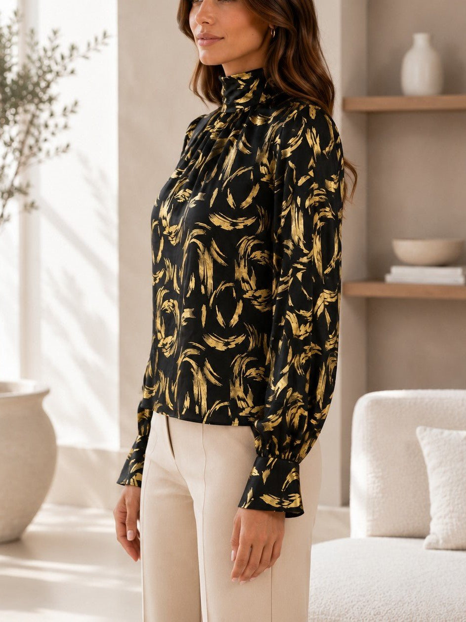 Ladies Black & Gold High Neck Printed Long Sleeve Blouse - StylePhase SA