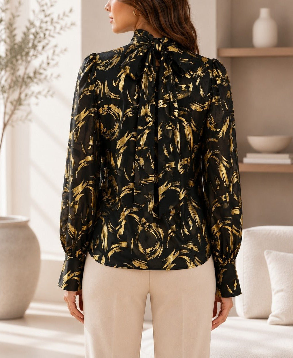 Ladies Black & Gold High Neck Printed Long Sleeve Blouse - StylePhase SA