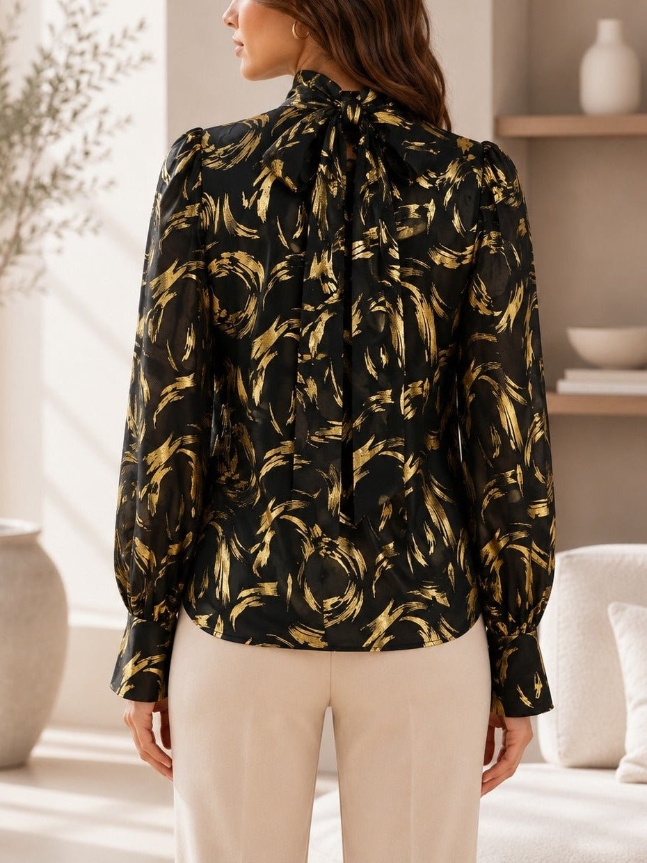 Ladies Black & Gold High Neck Printed Long Sleeve Blouse - StylePhase SA