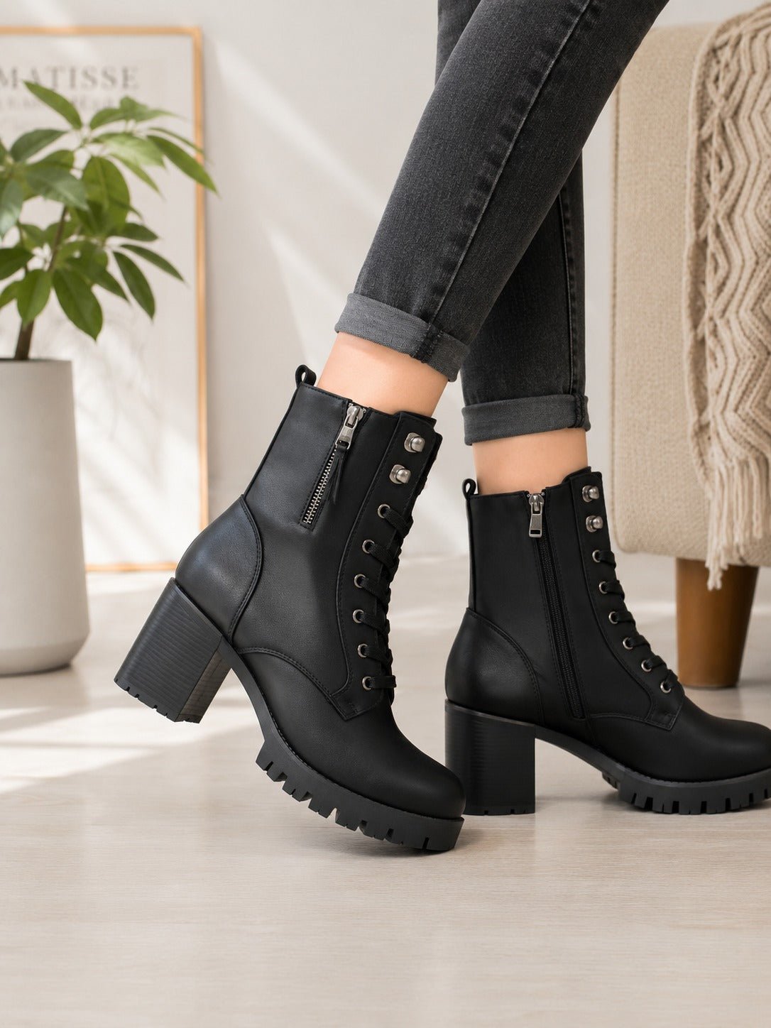 Ladies Black Lace-Up Zip Block Heel Ankle Boots - StylePhase SA
