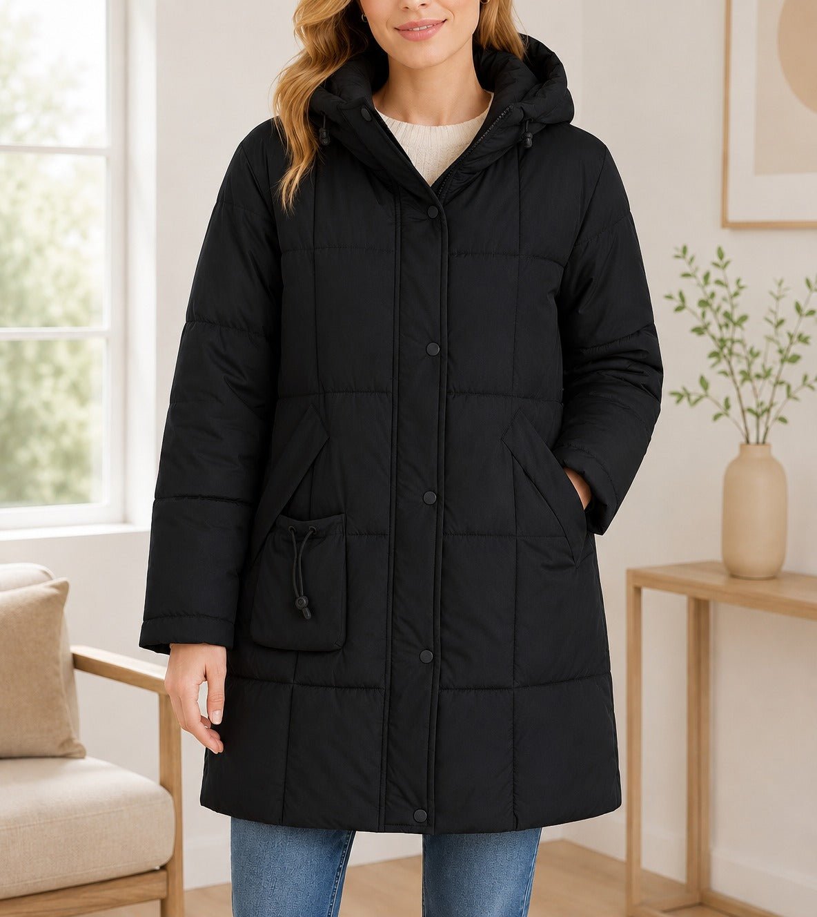 Ladies Black Long Line Padded Puffer Jacket - StylePhase SA